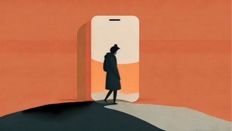 Illustration einer Person, die in ein menschengroßes, in der Landschaft stehendes Smartphone tritt, als trete sie durch eine Tür von einem analogen in in einen virtuellen Lernraum