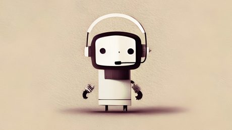 Eine Illustration, die einen Roboter mit einem Telefon-Headset zeigt, der als künstliche Intelligenz im Kundenservice arbeitet.