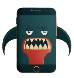 Bild eines Smartphones mit Monstergesicht und Haifisch-Flossen als Symbolbild für fehlende digitale Balance