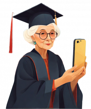 Bild einer älteren Dame mit Doktorhut mit Smartphone als Symbolbild für Kompetenzentwicklung in der digitalen Transformation