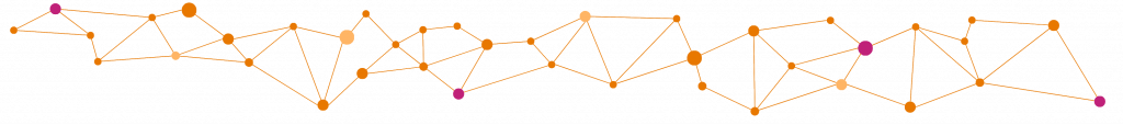 Ein Netz aus Kreisen in Orange, Magenta und Gelb, die durch Linien verbunden sind. Symbolbild für die Komplexität der digitalen Transformation.