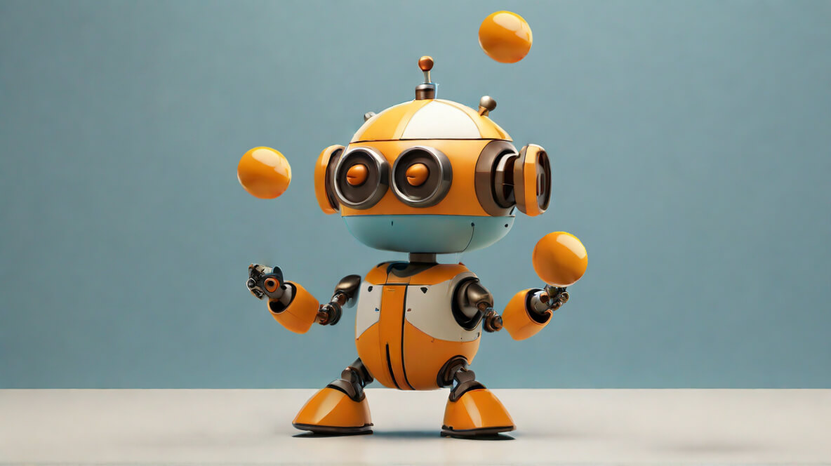 Illustration eines jonglierenden Roboters. Symboldild für die Anforderunegn der Kunden an KI-gestützte Kundenkommunikation.